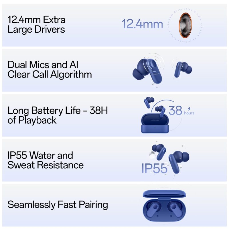 Nord Buds 2r True Wireless in Ear Earbuds with Mic, 12.4mm Drivers, Playback:Upto 38hr case,4-Mic Design, IP55 Rating - Image 2
