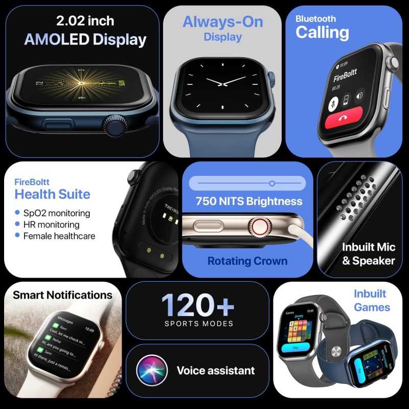 Brillia Smart Watch with 51.3mm (2.02 inch) AMOLED Display, Bluetooth Calling, SpO2, Heart Rate Monitoring, 120+ Sports Modes - Image 3